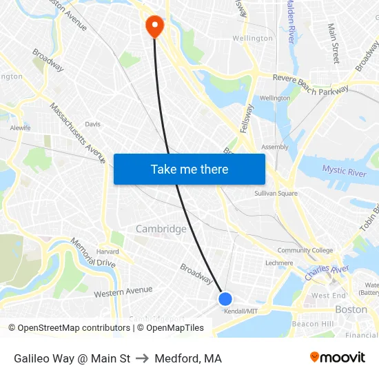 Galileo Way @ Main St to Medford, MA map