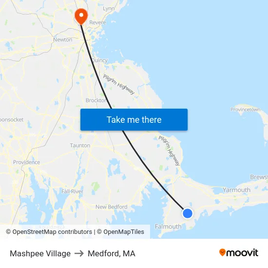 Mashpee Village to Medford, MA map