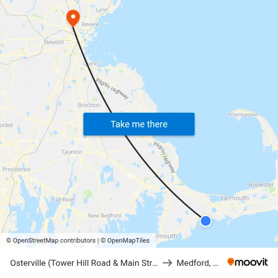 Osterville (Tower Hill Road & Main Street) to Medford, MA map