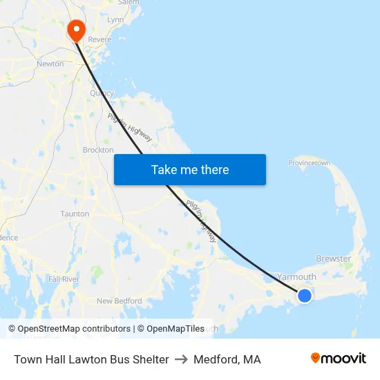 Town Hall Lawton Bus Shelter to Medford, MA map