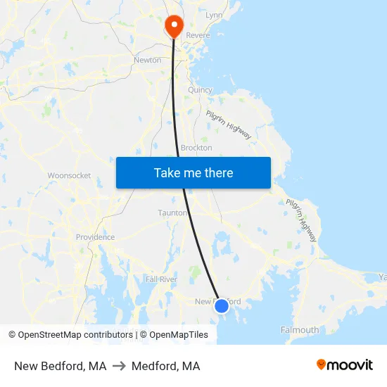 New Bedford, MA to Medford, MA map