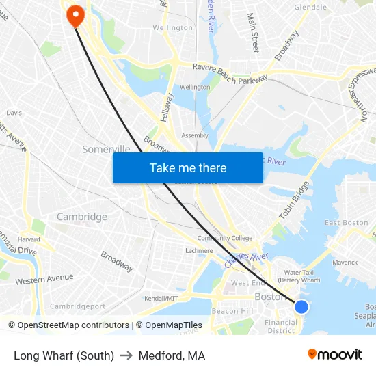 Long Wharf (South) to Medford, MA map