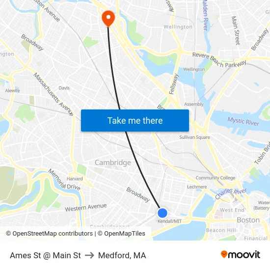 Ames St @ Main St to Medford, MA map