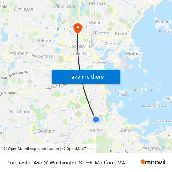 Dorchester Ave @ Washington St to Medford, MA map