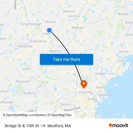 Bridge St & 10th St to Medford, MA map