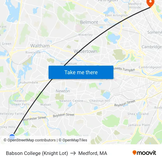 Babson College (Knight Lot) to Medford, MA map
