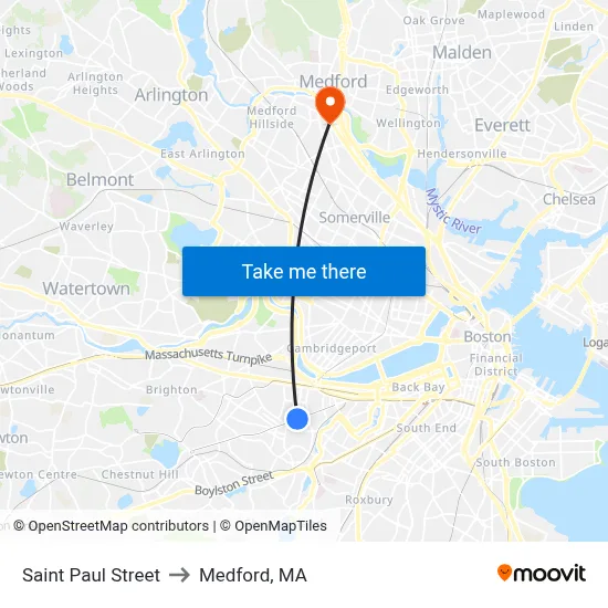 Saint Paul Street to Medford, MA map