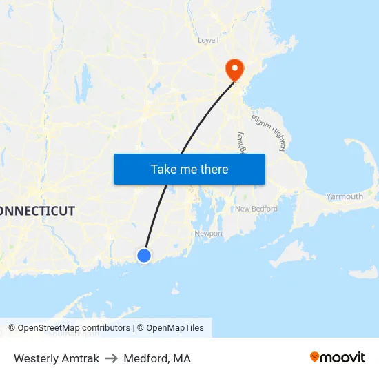 Westerly Amtrak to Medford, MA map