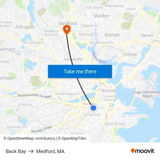 Back Bay to Medford, MA map