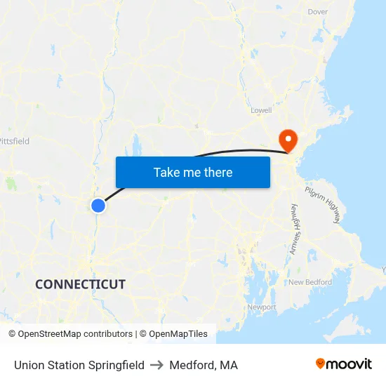 Union Station Springfield to Medford, MA map
