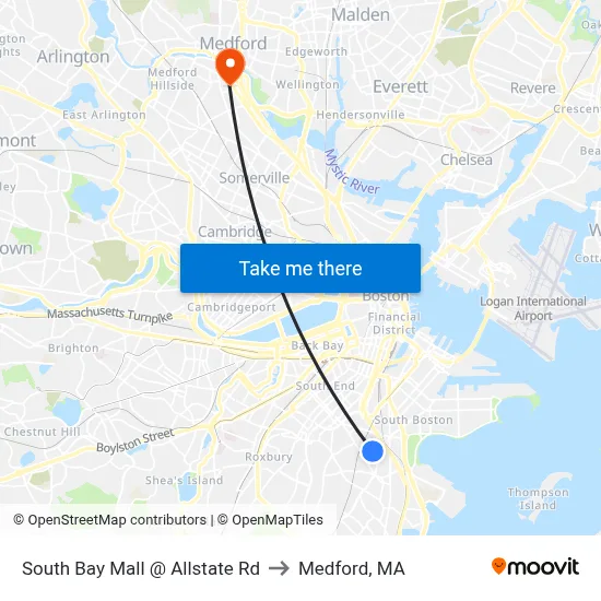 South Bay Mall @ Allstate Rd to Medford, MA map