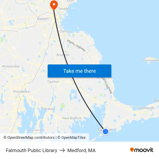 Falmouth Public Library to Medford, MA map