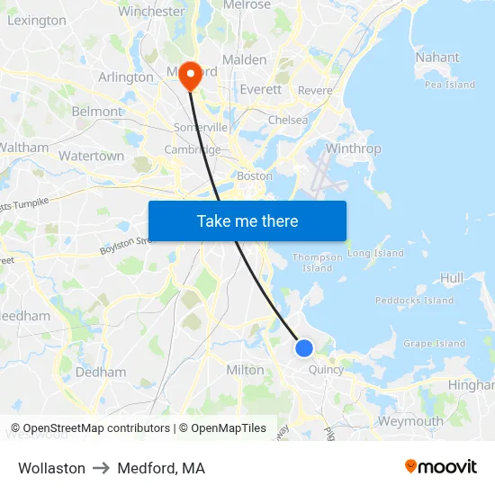 Wollaston to Medford, MA map
