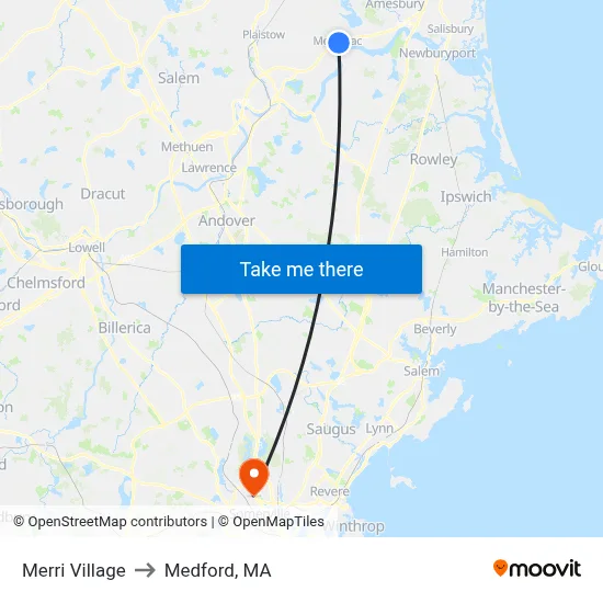 Merri Village to Medford, MA map