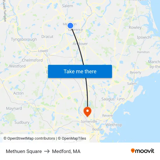 Methuen Square to Medford, MA map
