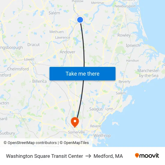 Washington Square Transit Center to Medford, MA map