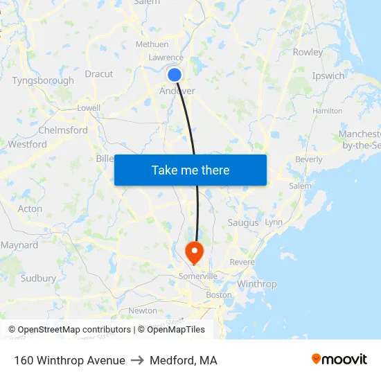 160 Winthrop Avenue to Medford, MA map