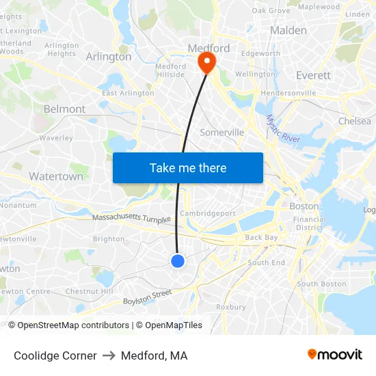 Coolidge Corner to Medford, MA map