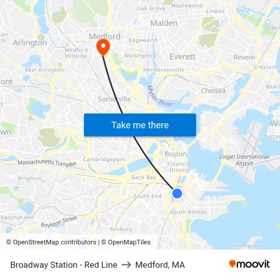 Broadway Station - Red Line to Medford, MA map