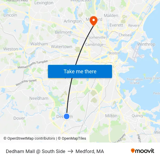 Dedham Mall @ South Side to Medford, MA map