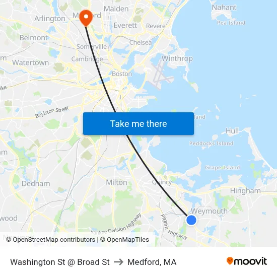 Washington St @ Broad St to Medford, MA map
