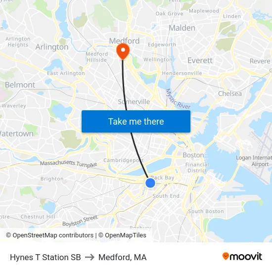 Hynes T Station SB to Medford, MA map
