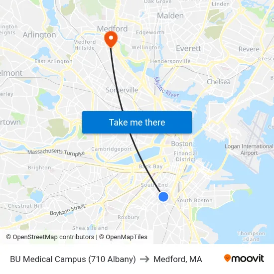 BU Medical Campus (710 Albany) to Medford, MA map