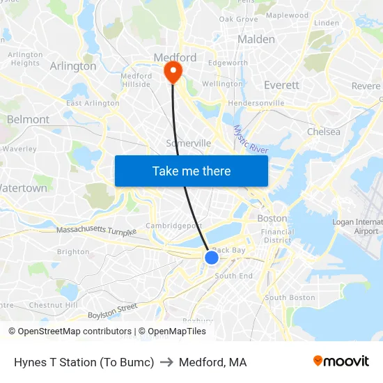 Hynes T Station (To Bumc) to Medford, MA map