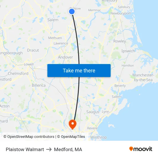 Plaistow Walmart to Medford, MA map