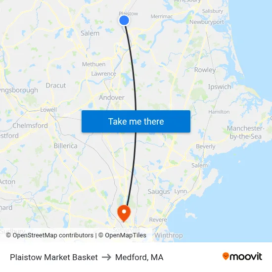 Plaistow Market Basket to Medford, MA map