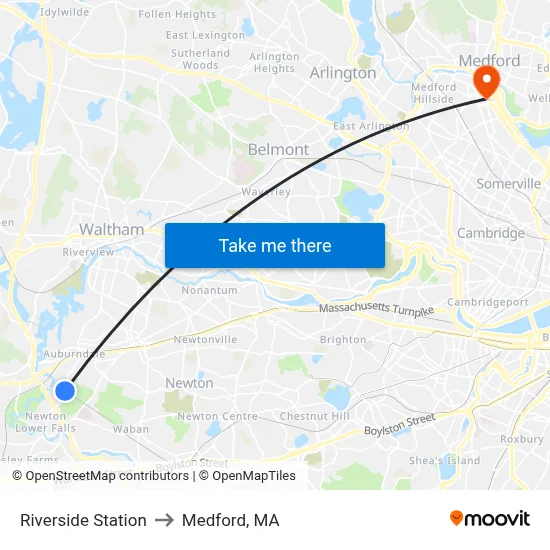 Riverside Station to Medford, MA map