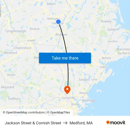 Jackson Street & Cornish Street to Medford, MA map