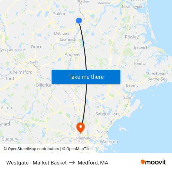 Westgate - Market Basket to Medford, MA map