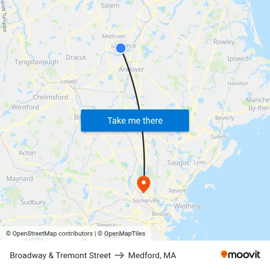 Broadway & Tremont Street to Medford, MA map