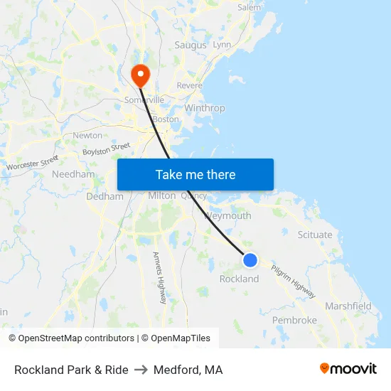 Rockland Park & Ride to Medford, MA map