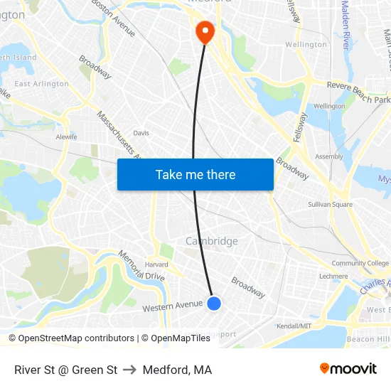 River St @ Green St to Medford, MA map