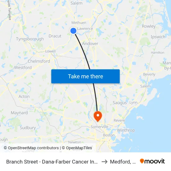 Branch Street - Dana-Farber Cancer Institute to Medford, MA map