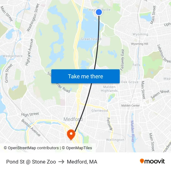 Pond St @ Stone Zoo to Medford, MA map