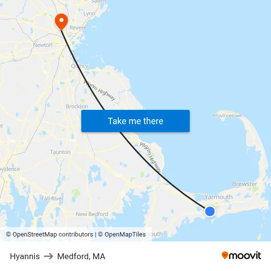 Hyannis to Medford, MA map
