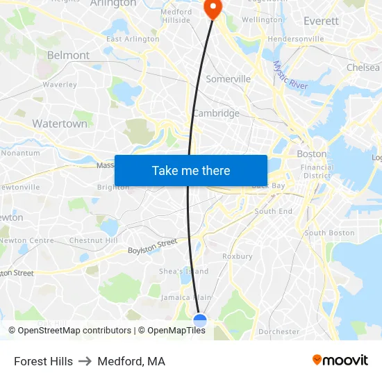 Forest Hills to Medford, MA map