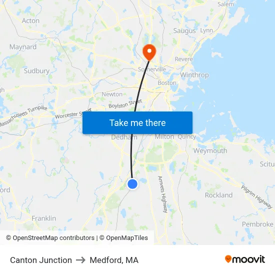 Canton Junction to Medford, MA map