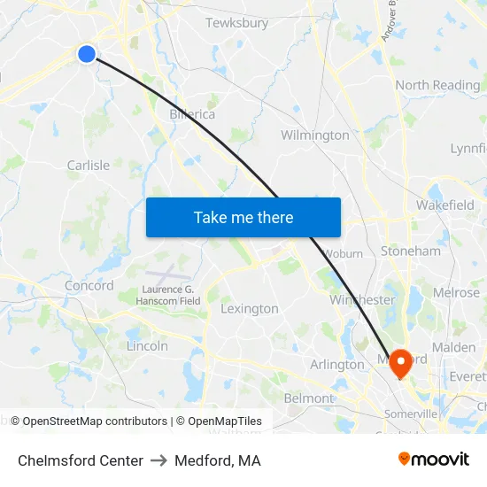 Chelmsford Center to Medford, MA map