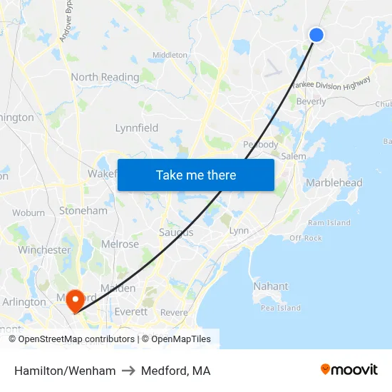 Hamilton/Wenham to Medford, MA map