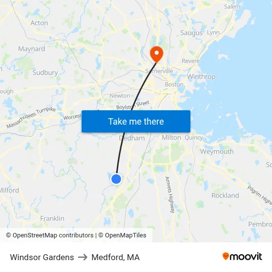 Windsor Gardens to Medford, MA map