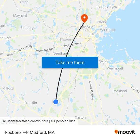 Foxboro to Medford, MA map