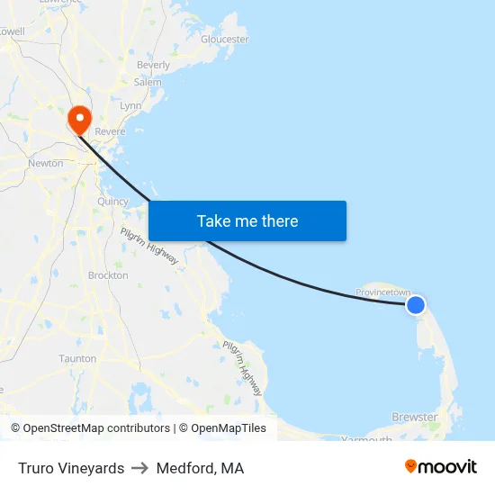 Truro Vineyards to Medford, MA map