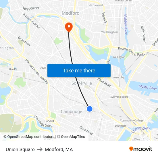 Union Square to Medford, MA map