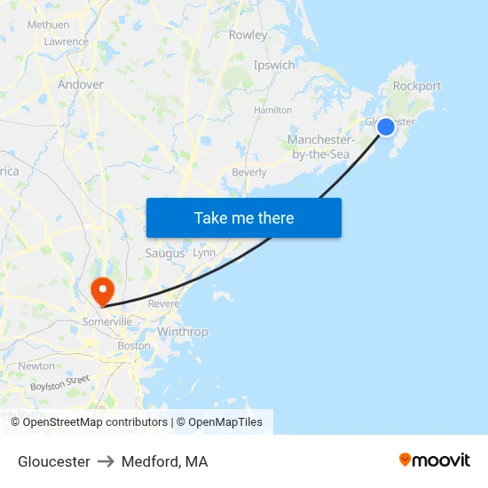 Gloucester to Medford, MA map