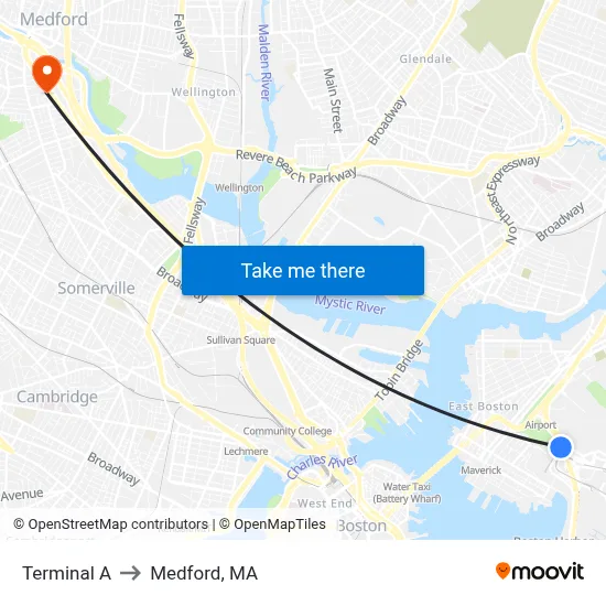 Terminal A to Medford, MA map