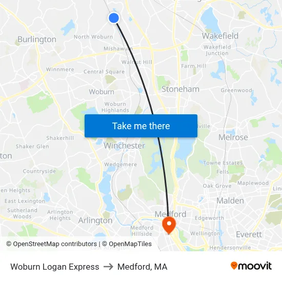 Woburn Logan Express to Medford, MA map